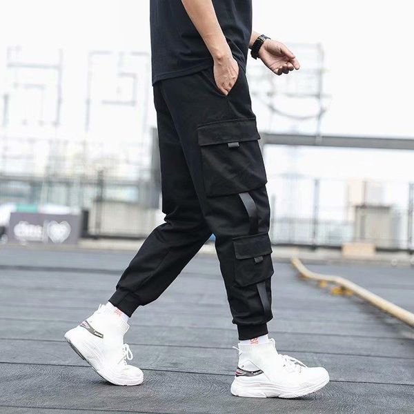 

men's pants side pockets cargo harem 2021 ribbons black hip hop casual male joggers trousers fashion streetwear