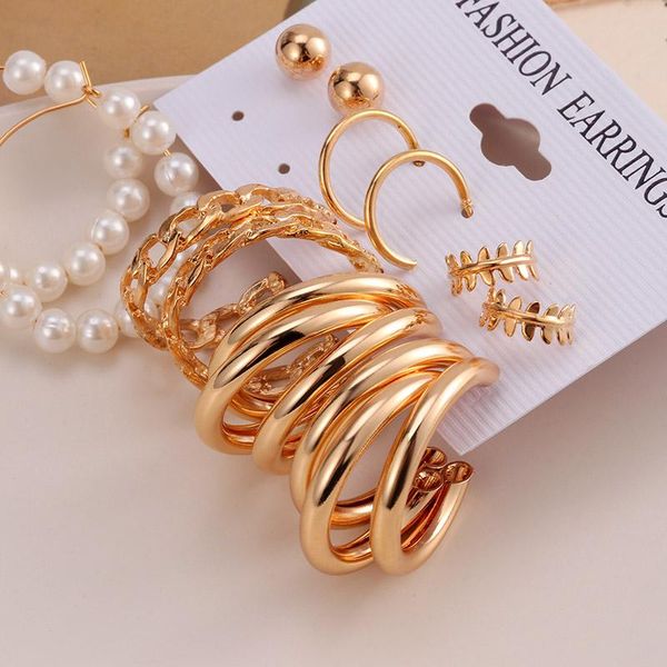 

hoop & huggie bohemian pearl drop earrings set for women dangle gold 2021 trend of metal jewelry accessories, Golden;silver