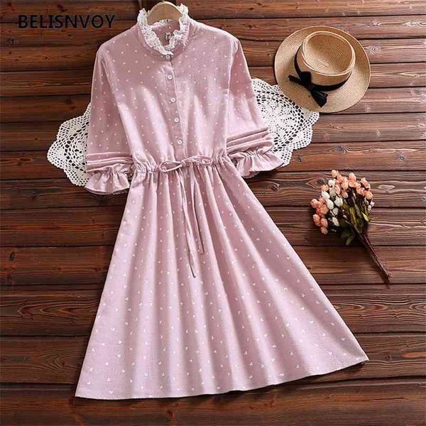 Japonês Mori Menina Outono Mulheres Doce Vestido Vermelho Rosa Coração Impresso Laço Ruffled Vestidos Elegante Algodão Kawaii Bonito Primavera 210520