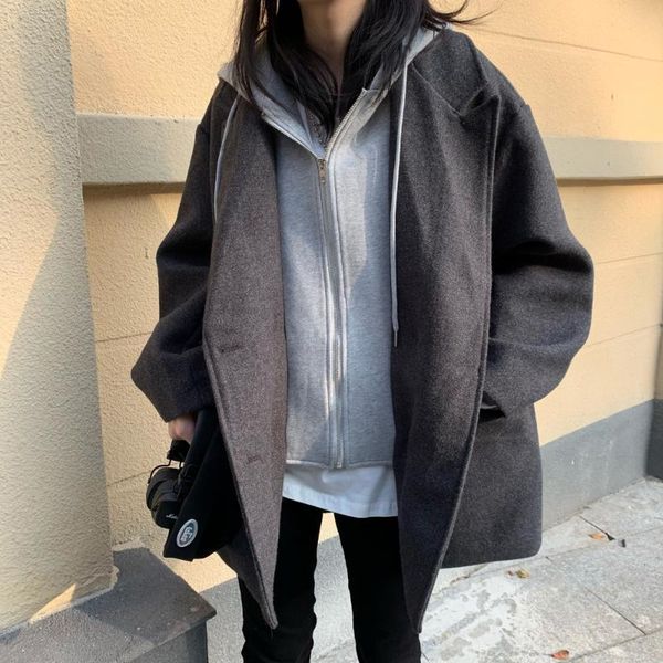 

women's wool & blends winter jacket ol elegant fake two piece loose hooded suit collar faux coats solid outwear minimalist woolen coat, Black