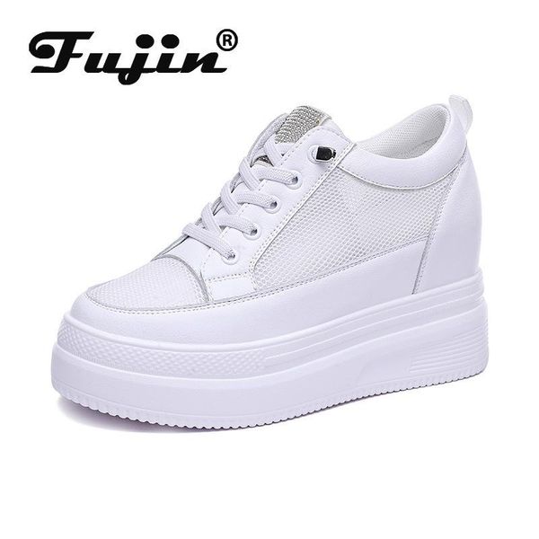 

dress shoes fujin women summer chunky sneakers air mesh hollow out genuine leather white wedge platform heel pumps mujer bombas, Black