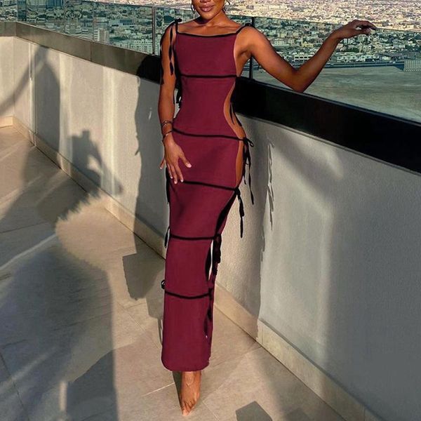 

casual dresses summer fashion sling sleeveless lace-up side hollow one-piece dress, Black;gray