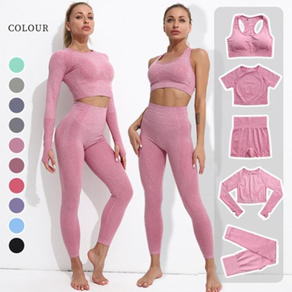 

yoga outfit 5pcs seamless women set workout sportswear gym clothing fitness long sleeve crop high waist leggings sports suit