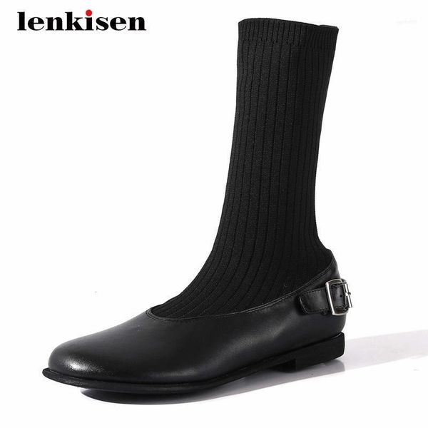 

boots lenkisen sock real cow leather buckle decorations knitting thick low heel round toe slip on pretty girl mid-calf l2811, Black
