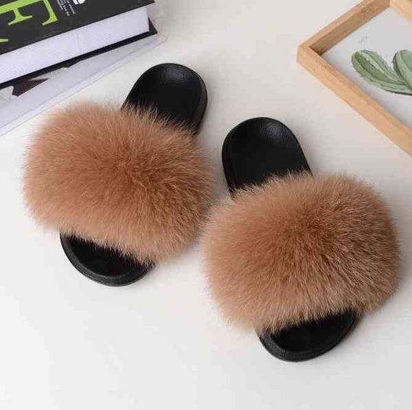 Extra Grandes Chinelos de Pele Real Raccoon Fur Slides Flip Flip Flip Flops Beacher Designer Sandálias Bonito Pelúcia Cabelo Peludo Sapatos Mulher Q0508