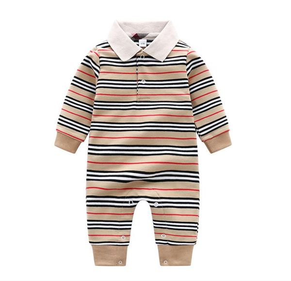 Bebek Erkek Tasarımcı Romper Moda Bahar Bebek Yaka Uzun Kollu Tappyit Sevimli Yürüyor Şerit Onesie Bodysuit C6998