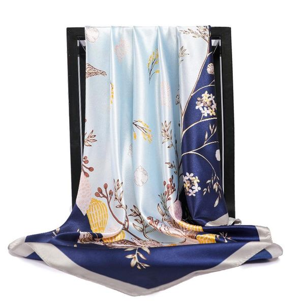 

scarves 2021 women 90x90cm neck wraps office foulard neckerchief tie floral head fashion print silk scarf bandana square shawls, Blue;gray