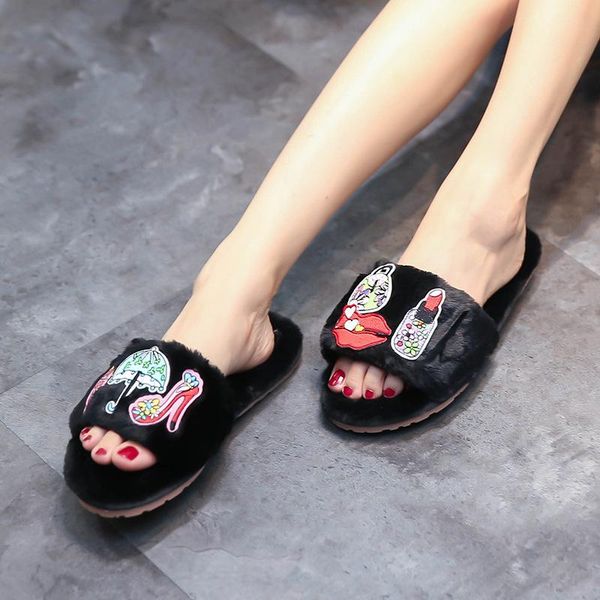 

red lips fur sandals women lipstick decoration flip flops cozy plush winter home slipper pantoufle femme c89 slippers, Black