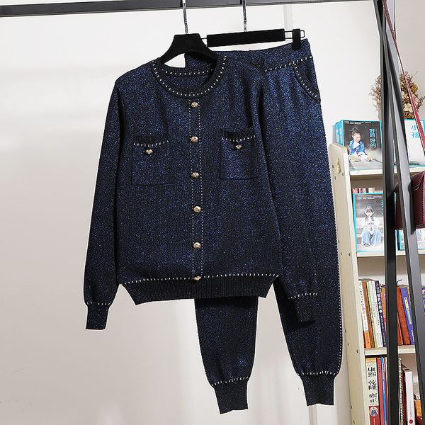 

pant navy blue bright silk tracksuits knitted set women vintage cardigan sweater long pants two piece outfits female loose knit suit, White
