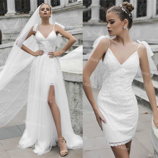 Sexy Curto Beach Vestidos de Noiva com Correias De Trem Destacáveis ​​Backless Bohemian Dress Bridal Frente Slit Vestido de Novia Princesa Robe Mariée