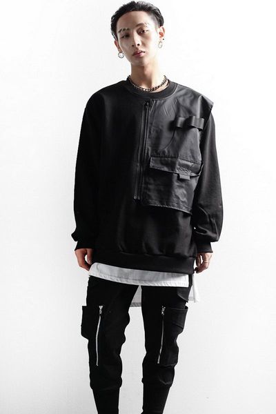 

men's hoodies & sweatshirts fashion splicing cloth round neck long sleeve loose pullover, Black