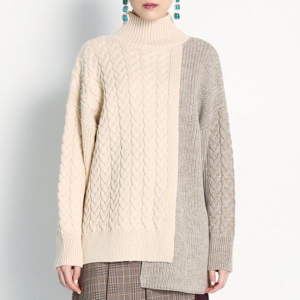 

women's sweaters 2021 autumn winter warm turtleneck sweater chic patchwork contrast color cable-knit pullovers female loose all-match p, White;black