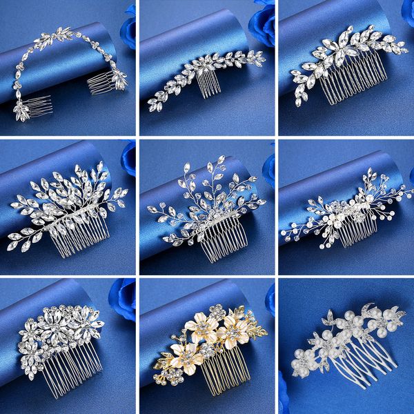 

mecresh crystal bride hair comb wedding hair accessories handmade simulated pearls bridal headdress hair ornaments jewelry fs256, Slivery;golden