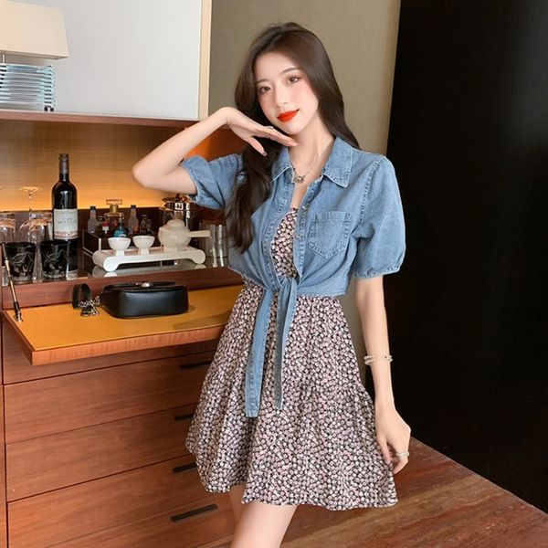 

women summer single-breasted short sleeve turn down collar denim coat + spaghetti strap printing mini dress two piece set 210514, White