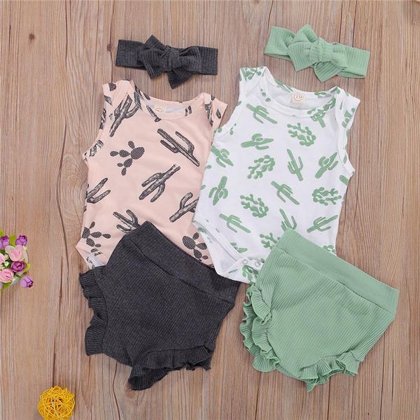 

clothing sets 2021 baby girls summer 3pcs set cactus print infant sleeveless romper solid ruffle knitted shorts outfit 0-18m, White