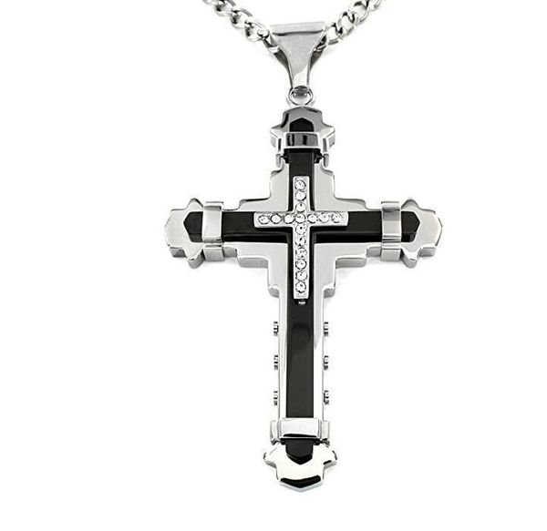 

pendant necklaces wholesale men jewelry stainless steel necklace fashion cross crystal, Silver