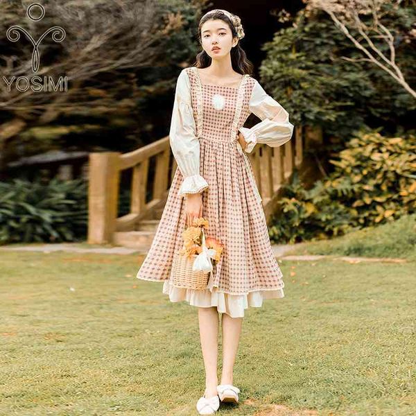 

yosimi cotton plaid women dress prairie chic spring patchwork beige square collar full sleeve mid-calf lace long dresses 210604, Black;gray