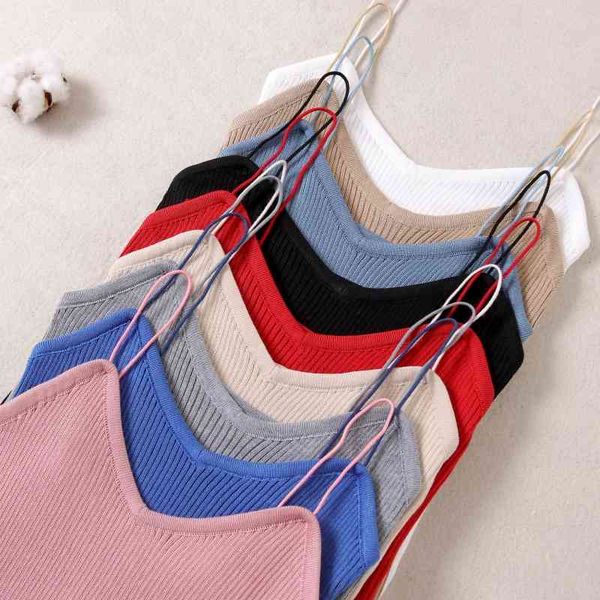 

women camis v-neck knitted crop spaghatti causal sleveless female solid camis summer crop women, White