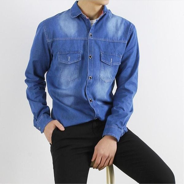 

men's casual shirts denim shirt men fashion chest pocket jean long sleeve korean washed hip hop streetwear sportswear overalls outwear, White;black
