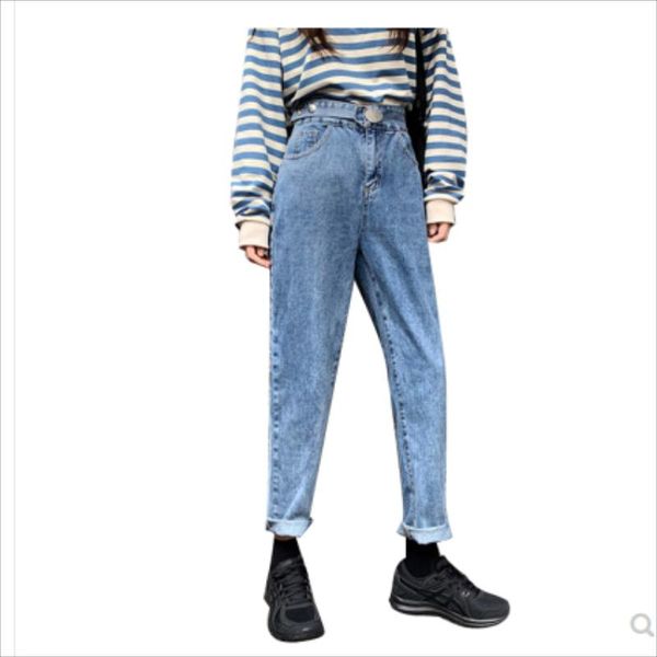 

fashion korean high waist jeans women's autumn loose thin straight leg pants casual wild nine womens, Blue