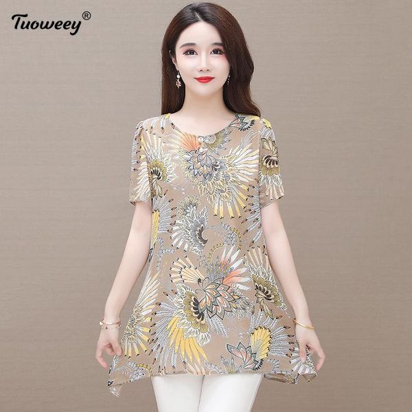 

women's blouses & shirts plus size summer style short sleeve chiffon blouse women casual o neck elegant floral female clothing blusas, White