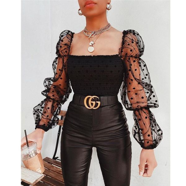 

fashion women off shoulder casual bralet bra polka dot mesh sheer puff long sleeve blouse shirts slim women's blouses &, White