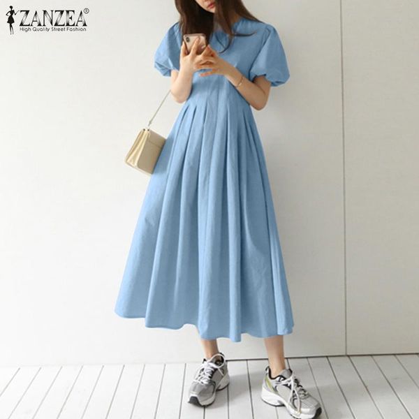 

casual dresses womens elegant solid robe 2021 summer franch pleated vestido holiday lady oversize zanzea chic fashion midi dress, Black;gray