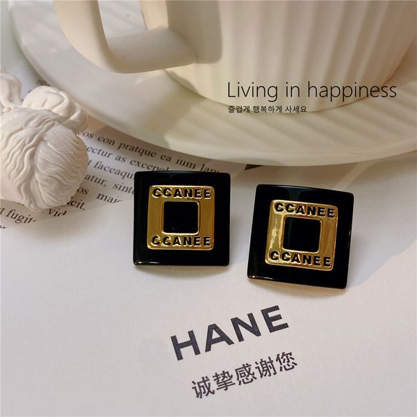 

european and american french screw back small incense style cool square black button metal letter earrings silver needle temperament all-mat