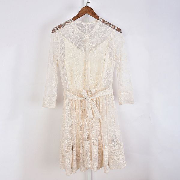 

2021 autumn fall 4/5 long sleeves round neck champagne dress tulle lace embroidery belted knee-length women fashion dresses g123037, Black;gray