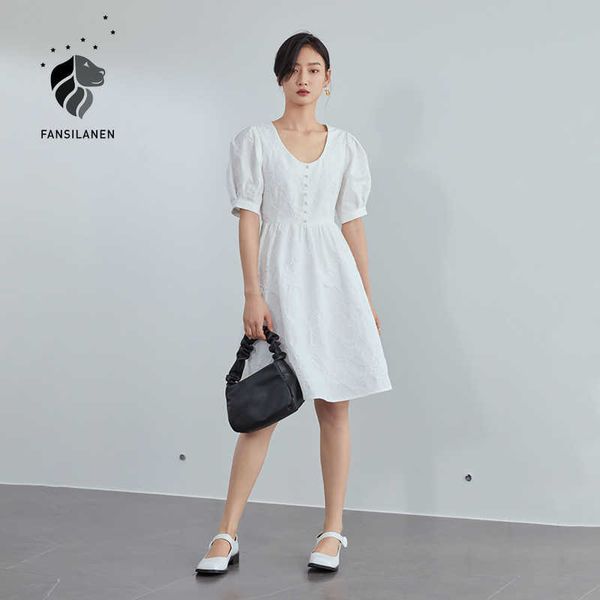 

fansilanen the white dress puff short sleeves woman summer texture for undefined 210607, Black;gray