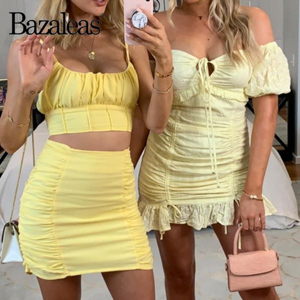 

bazaleas fashion harajuku tracksuit women cute yellow ruched crop and mini skirt vintage two piece set slim suit dress, White