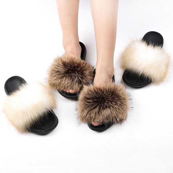 

slippers summer women fur woman fluffy raccoon slides female furry outside flat flip flop ladies slip on sandals tx424, Black