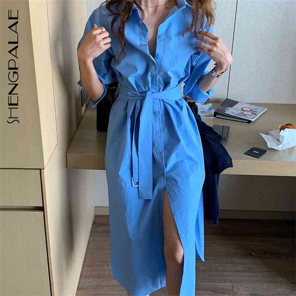 Koreanisches schickes Frühlings-einfaches blaues Revers einreihiges loses Gürtel-Langarm-Shirt-Kleid für Frauen ZT1090 210427