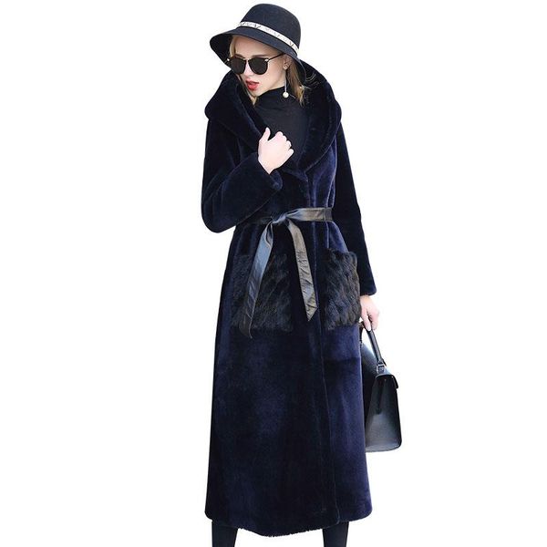 

women's fur & faux winter coat women mink mouth with hooded sheep long fs21143, Black