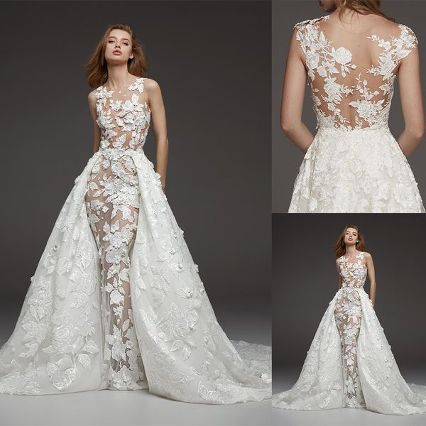 2021 Vestidos de casamento de sereia árabe vestidos de noiva com trem destacável manga longa laço branco apliques de moba de mariée