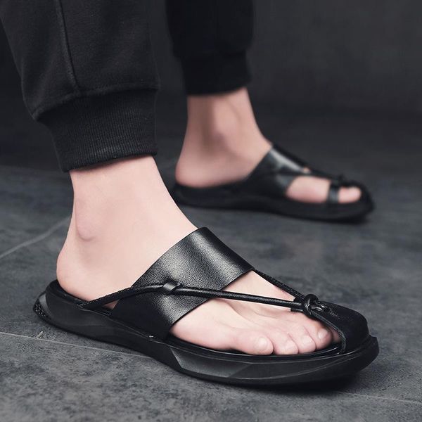 

slippers 2021 verano nuevas sandalias y zapatillas de hombre zapatos casuales cuero moda cómodos planos salvajes, Black