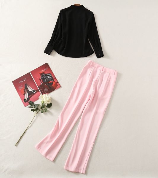 

knits women's 2021 spring summer suit women v-neck black shirts+sweet pink long pant casual 2 piece set work, White