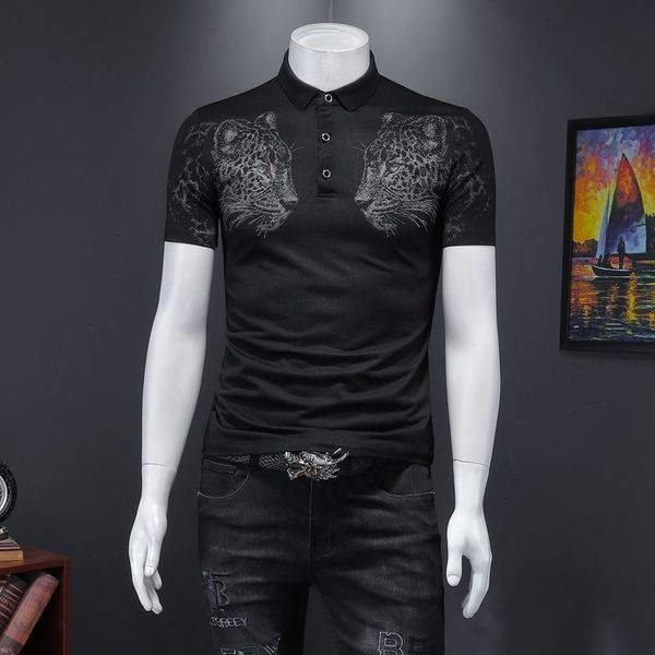 

men's polos embroidery trendy men camisa black tiger head drilling spring summer short sleeve mens lapel polo shirt n8ow, White;black