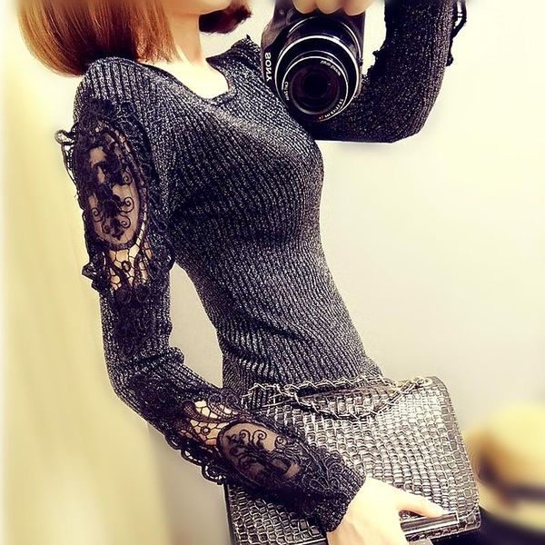 

women's sweaters women pullovers winter lace spliced sleeve vintage retro embroidery flowers casual knitted shinny ns542, White;black