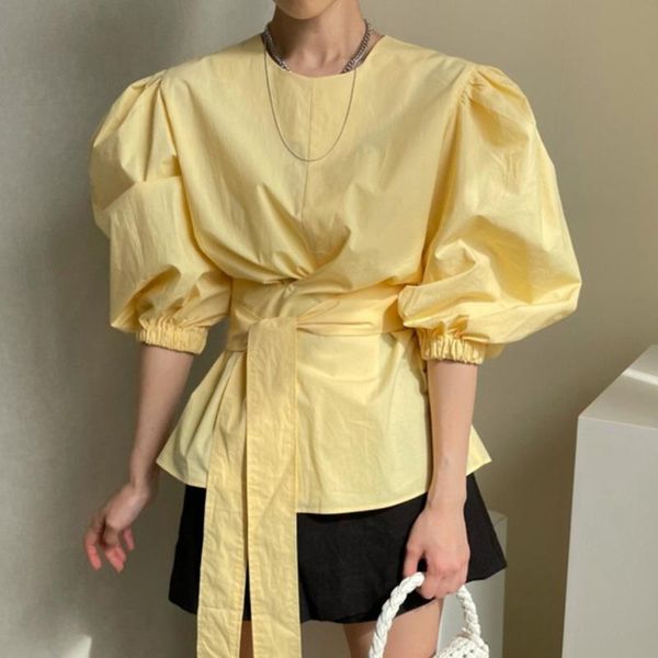 

women's blouses & shirts [ewq] korea chic casual trend women solid o neck with wide loose side fashion purple puff sleeves summer 2021, White