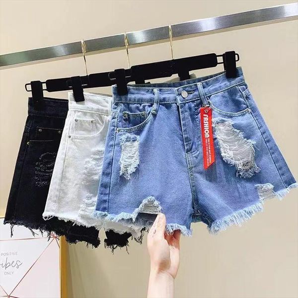 

denim jean clothing summer big women shorts plus size high waisted korean ripped hole destroyed black 5xl short, White;black