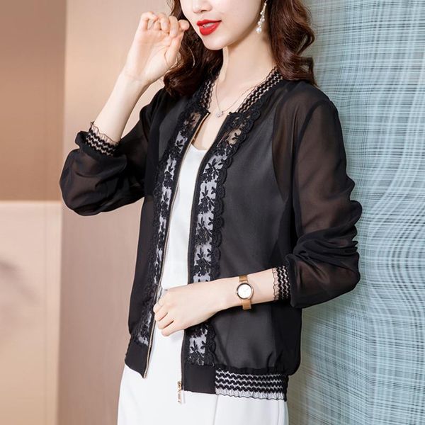 

women's jackets 2021 korean summer chiffon lace women jacket long sleeve thin coats casual female ldies zipper plus size 4xl outerwear, Black;brown