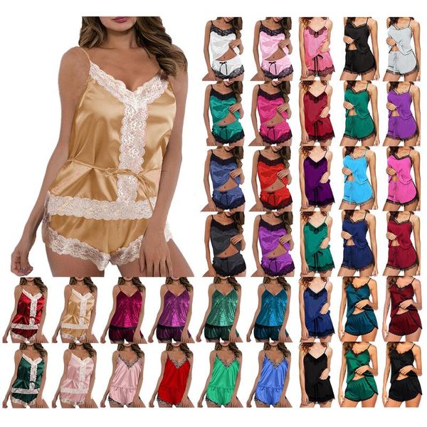 

sports socks women pajamas satin sleepwear female pyjamas nightwear camis sleeveless pants lingerie lace underwear, Black