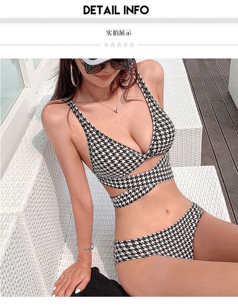 Avrupa Moda Tasarımı Kadınlar Seksi Yastıklı Siyah Beyaz Hundooth Plaid Izgara Desen Bel İçi Dış Bikini Twinset Mayo Takım Smlxl