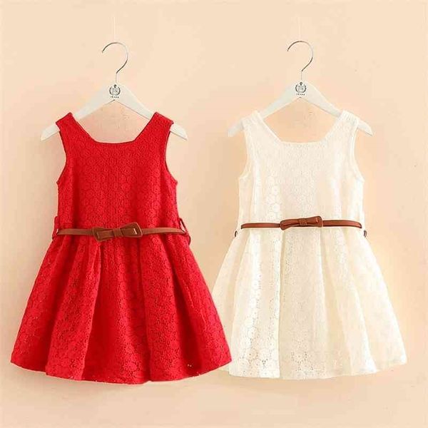 Sommer 2 3 4 6 8 10 12 Jahre alt Kinder Geburtstag Hochzeit Party einfarbig Spitze ärmellos mit Gürtel Mädchen Kleid Zeremonie 210701