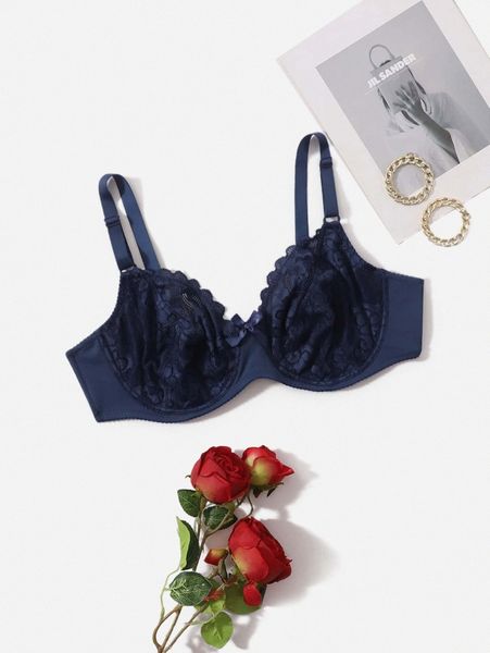 

plus contrast lace underwire bra n755#, Black;white