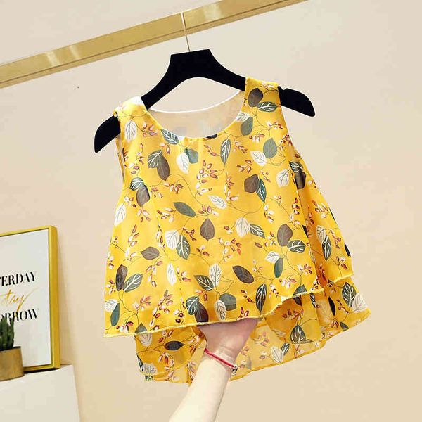 

suits sleeveless floral chiffon ladies blouse summer o-neck pullover shirts thin vest womens yellow top, White;black