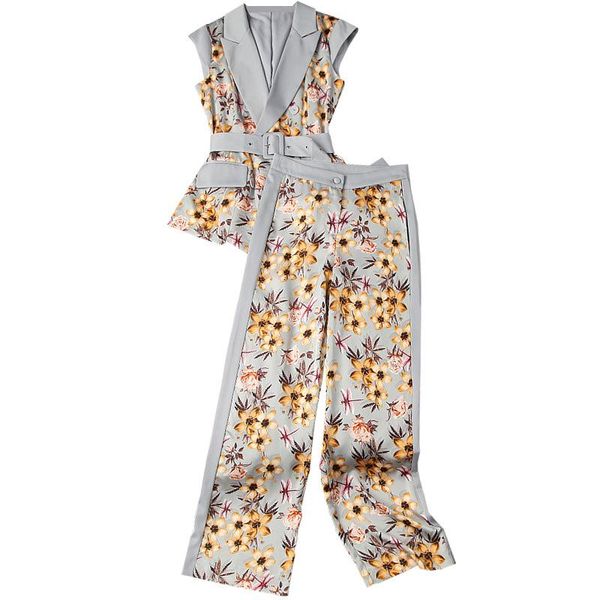 

women's two piece pants 2021 summer v collar floral print vest blazer and slim drooping wide leg temperament women suits office sets, White