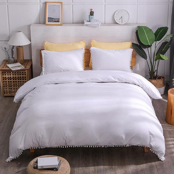 

bedding sets luckybull pompom tassel duvet cover king size 3 piece set (1 quilt and 2 pillowcases) soft washed microfiber