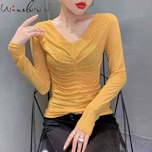 

women's t-shirt fall winter korean style mesh fashion v-neck drape shiny diamonds women ropa mujer long sleeve tees t093, White